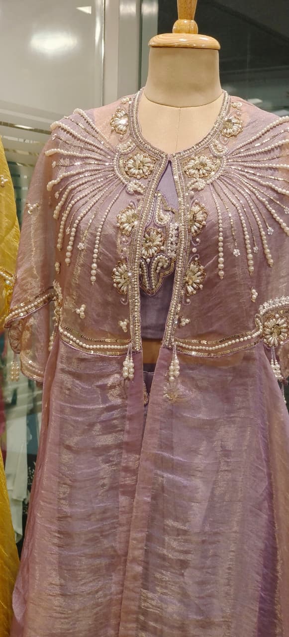 Shimmer Tissue Stylish Radiant Pearl Elegance Indo-Western Wear With Buster Drape Skirt & Cape In Tissue Fabric- 011103,011104,011105