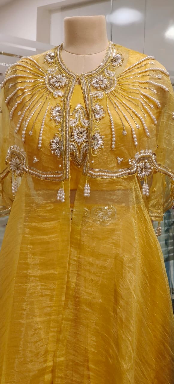 Shimmer Tissue Stylish Radiant Pearl Elegance Indo-Western Wear With Buster Drape Skirt & Cape In Tissue Fabric- 011103,011104,011105