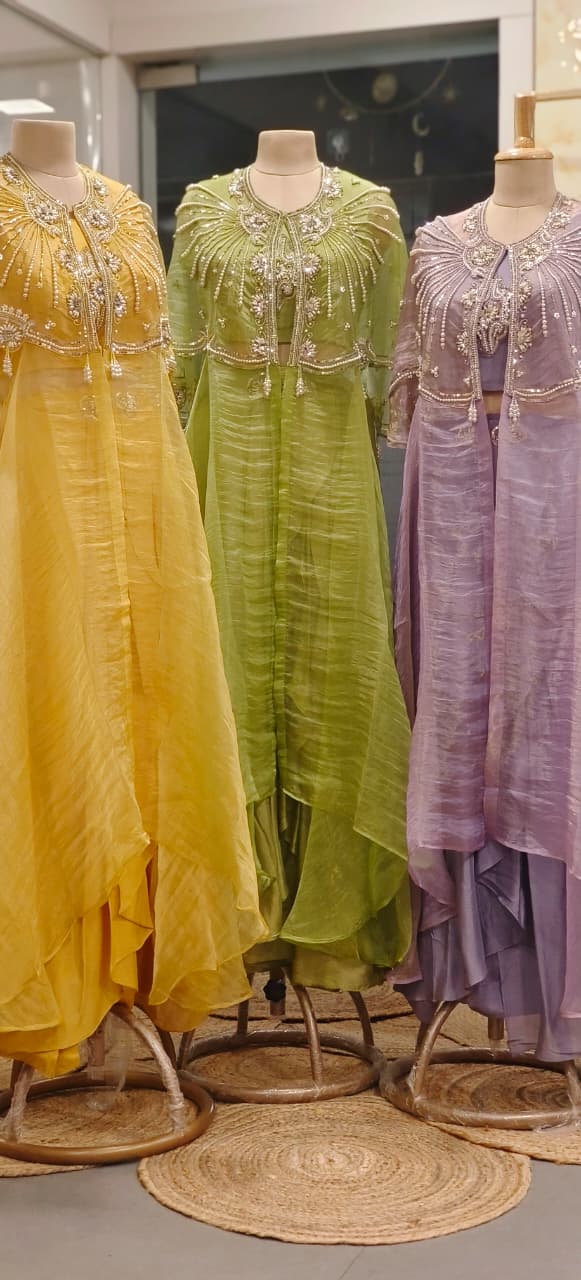 Shimmer Tissue Stylish Radiant Pearl Elegance Indo-Western Wear With Buster Drape Skirt & Cape In Tissue Fabric- 011103,011104,011105