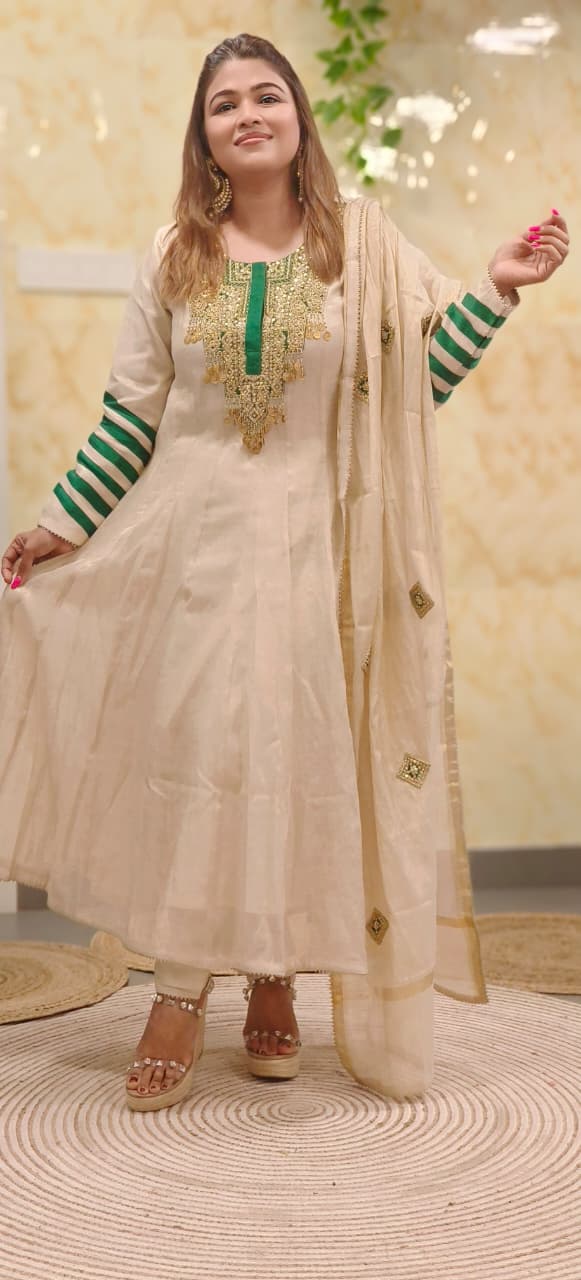 Zari Enchant Tissue Elegance Striped Sleeve Anarkali Full Suit Set With Dupatta- 11090, 11091