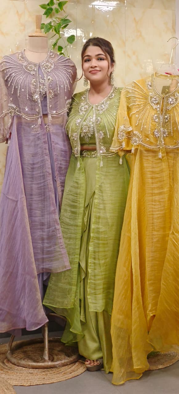 Shimmer Tissue Stylish Radiant Pearl Elegance Indo-Western Wear With Buster Drape Skirt & Cape In Tissue Fabric- 011103,011104,011105