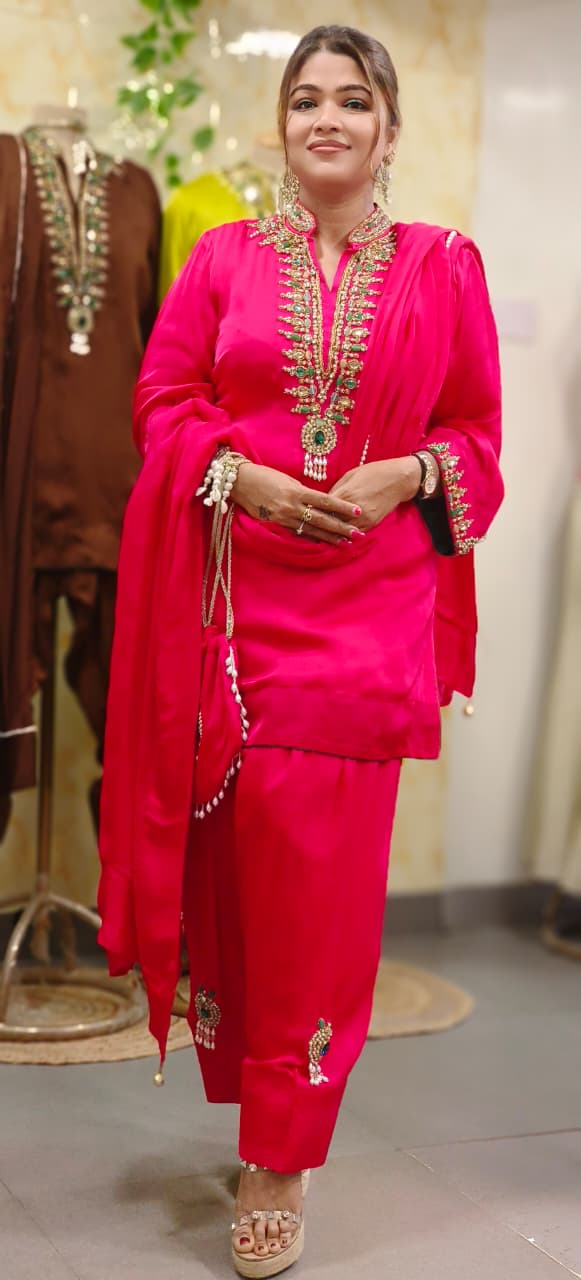 Shahi Glam Luxe Crystal Stone Work Full Suit Set With Farsi Salwar & Potli In Organza Satin Fabric- 10776