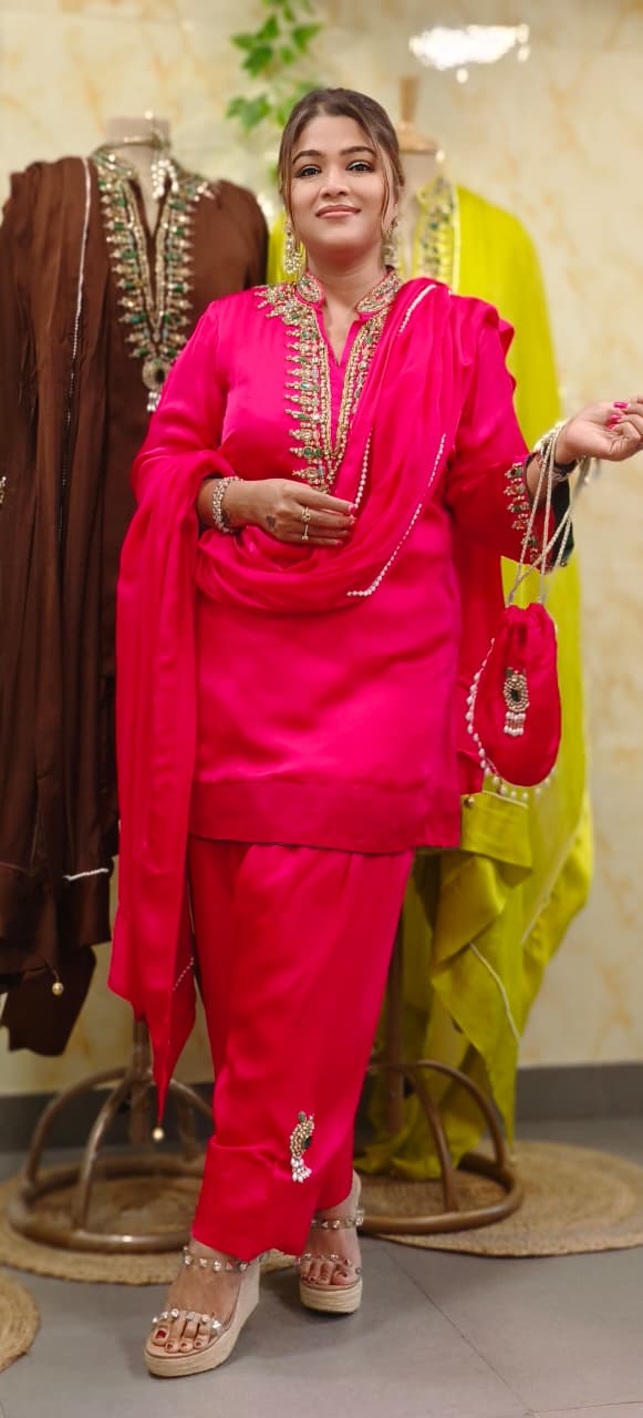 Shahi Glam Luxe Crystal Stone Work Full Suit Set With Farsi Salwar & Potli In Organza Satin Fabric- 10776
