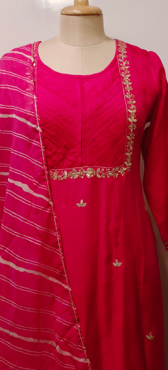 Sequence Plated Bordered Yoke A-Line Full Suit Set With Peacock Prints In Dupatta & Back In Dola Silk Fabric- 11028