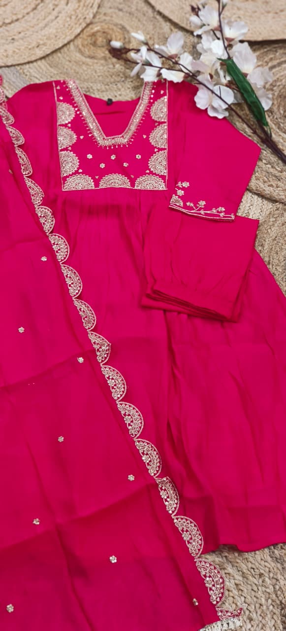 Tiny Foil Zari Work  A-Line Surat Mul Chanderi Full Suit Set With Dupatta