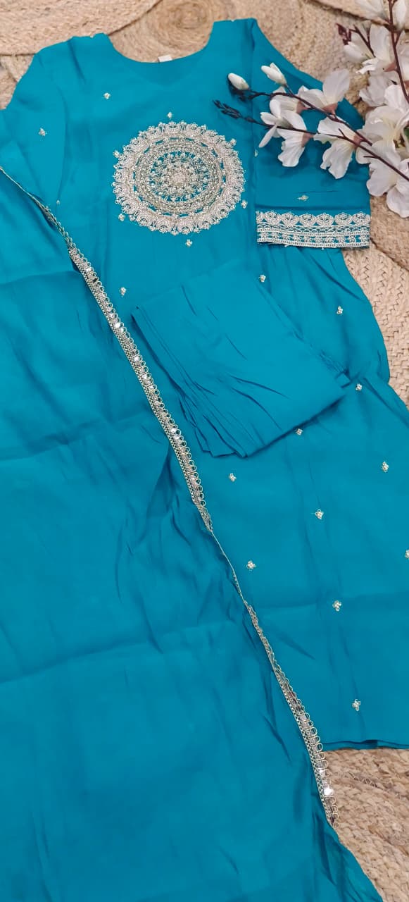 Vibrant Beautiful Round Front Design Surat Mul Chanderi Full Suit Set With Dupatta