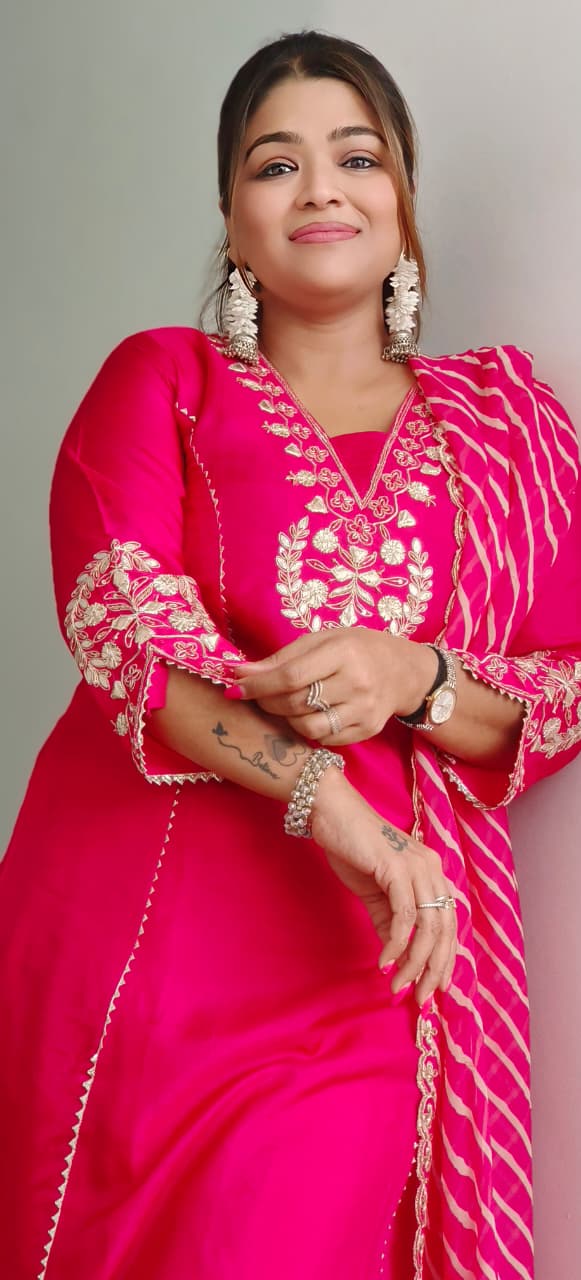 Embroidered Festive Elegance A-Line Full Suit Set With Striped Dupatta In Silk Fabric- 11044,45,46,47