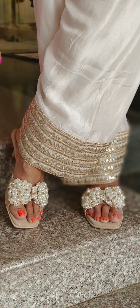 White Elegance Golden Touch Dola Silk Full Suit Set With Leheriya Organza Dupatta & Farsi Bottom- 11299