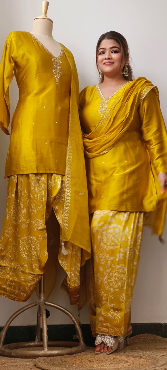 Simple Mustard V-Neck Full Suit Set With Dupatta & Farsi Bottom In Gajji Silk Fabric- 11235