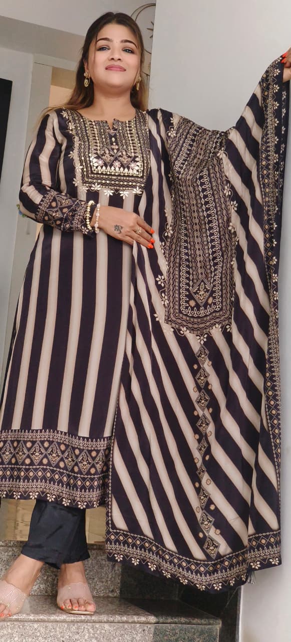 Beautifully Yoked Gotta Work Striped Full Suit Set With Dupatta In Crepe Fabric- 11300