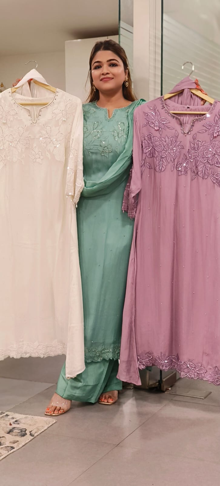 Pastel Elegance Patch Floral Embroidered Work Tiny Tassels Full Suit Set With Dupatta In Organza Fabric- 11247, 11246, 11245, 11244