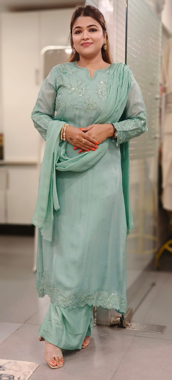 Pastel Elegance Patch Floral Embroidered Work Tiny Tassels Full Suit Set With Dupatta In Organza Fabric- 11247, 11246, 11245, 11244