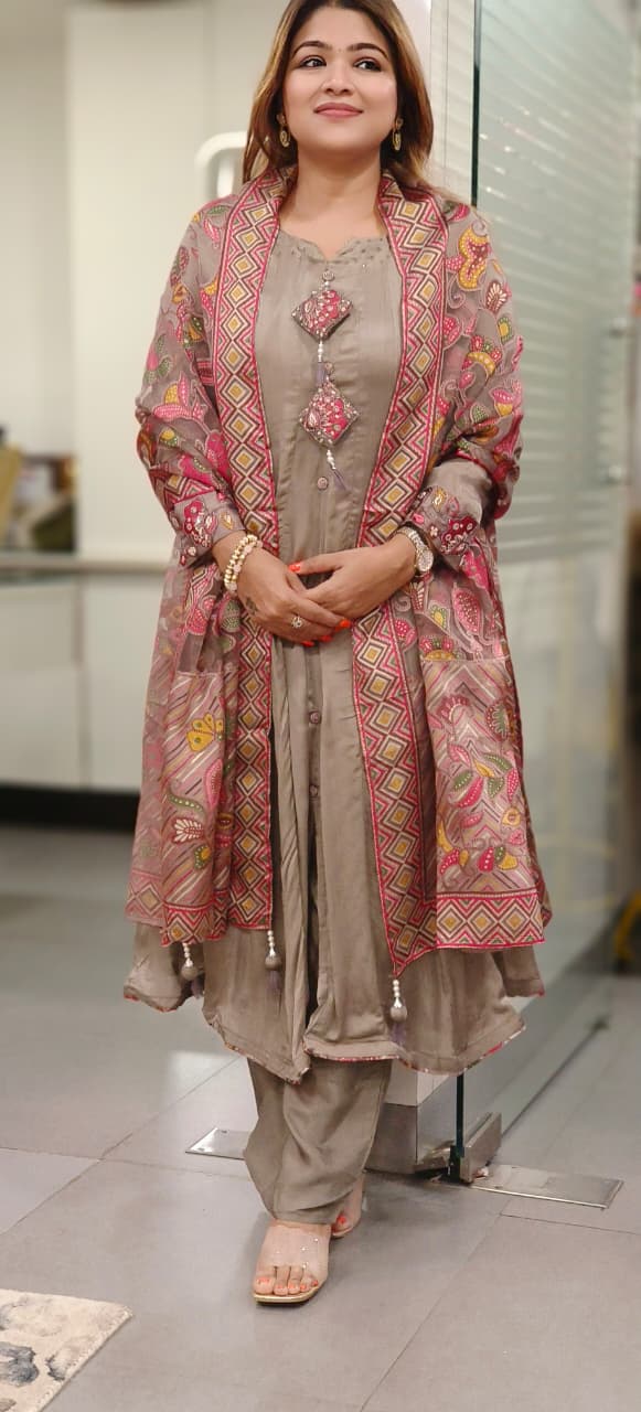 Unique Printed Applique Neck Work Satin Chinon Anarkali Full Suit Set With Braso Dupatta- 11221