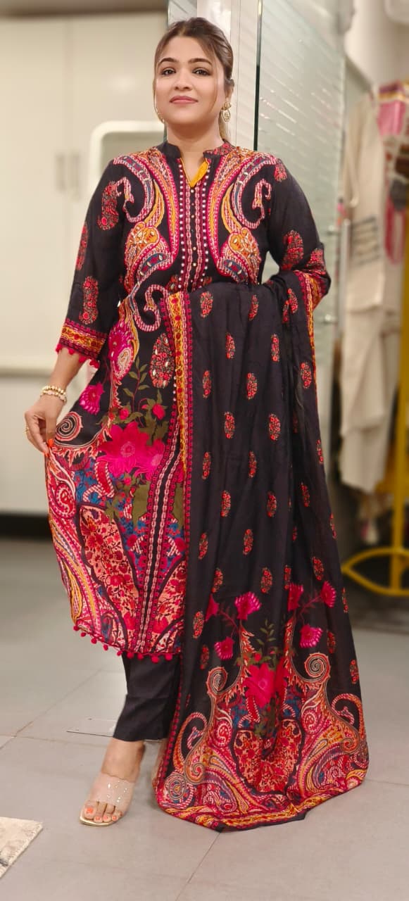Vibrant Multicolor Printed Russian Silk Full Suit Set With Dupatta- 11194