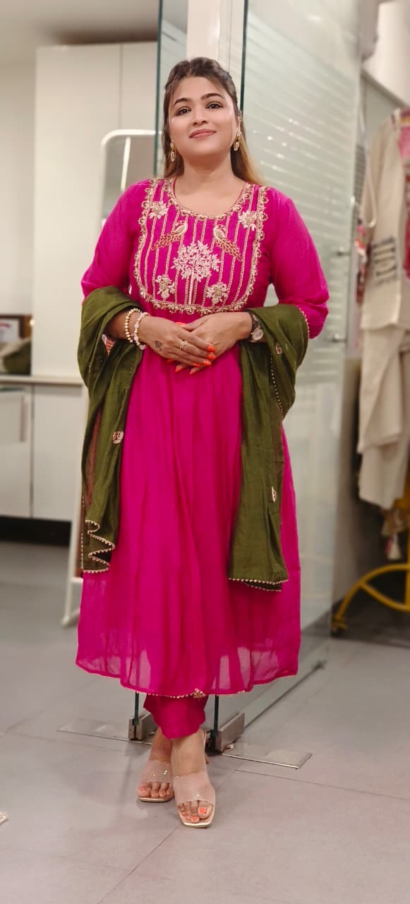 Birds Royal Zardosi U-Yoke Panel A-Line Full Suit Set With Dupatta In Mul Chanderi Fabric- 11132,11131