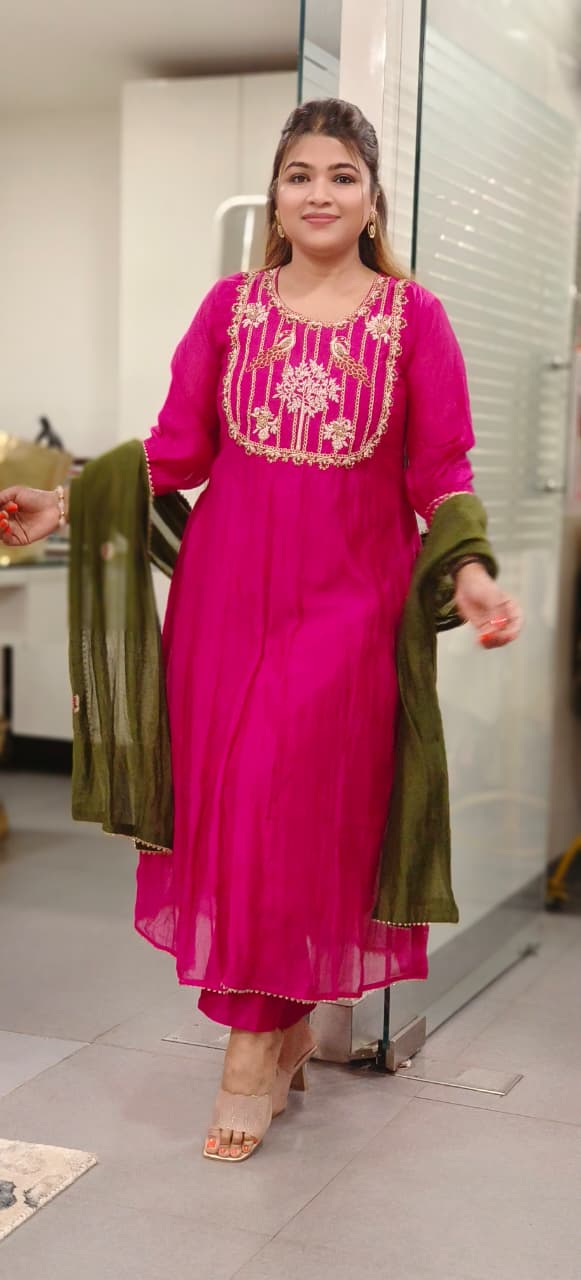Birds Royal Zardosi U-Yoke Panel A-Line Full Suit Set With Dupatta In Mul Chanderi Fabric- 11132,11131