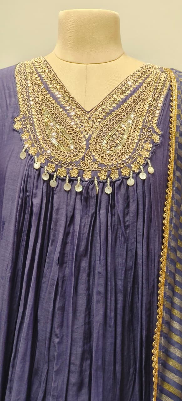 Handwork A-Line Mul Chanderi Full Suit Set With Dupatta- 10511