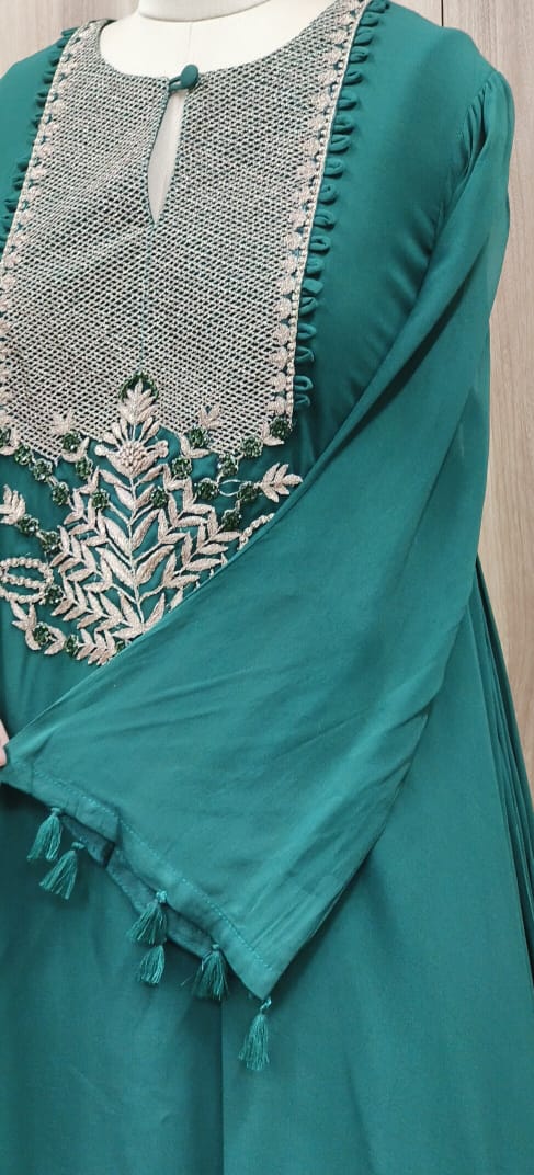 Pure Georgette Zari  Zig-Zag Embroidered Yoke High Low Kurta With Loose Palazzo Pant- 11305