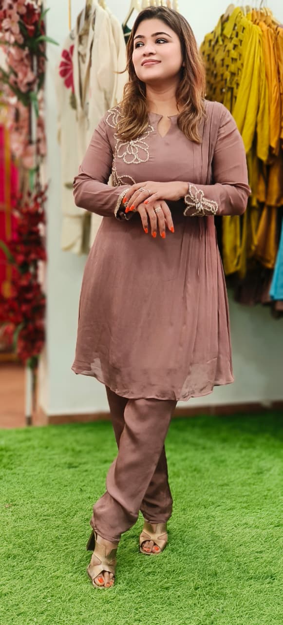 Very Elegant Minimal Work Solid A-Line Kurta Pant Set In Chinon Fabric- 11227