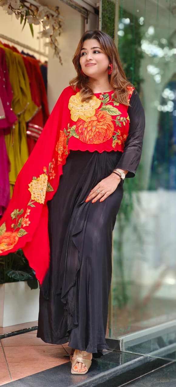 Blooming Floral Patch High Low Outer Attached Top With Drape Skirt In Crepe Fabric- 11291