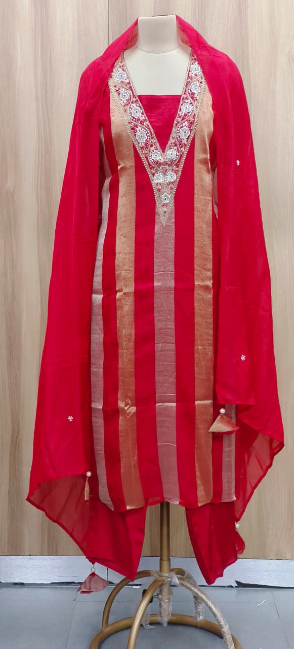 Beautiful V-Neck Hand Embroidered Shimmer Striped Full Suit Set With Dupatta- 10901 & 10902