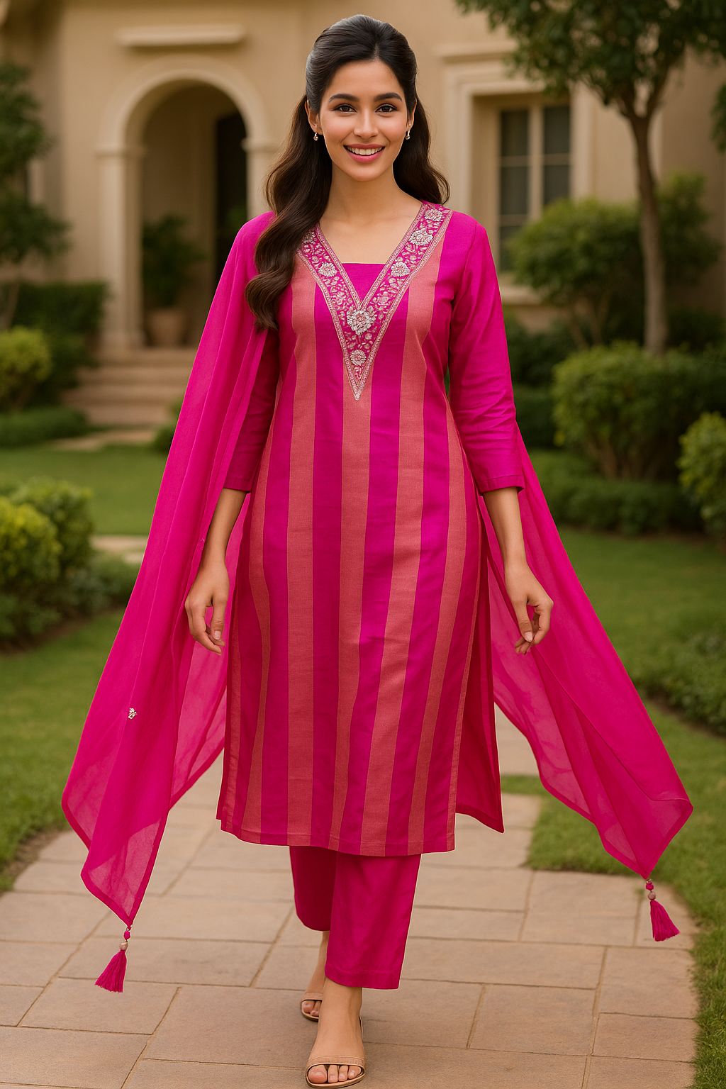 Beautiful V-Neck Hand Embroidered Shimmer Striped Full Suit Set With Dupatta- 10901 & 10902