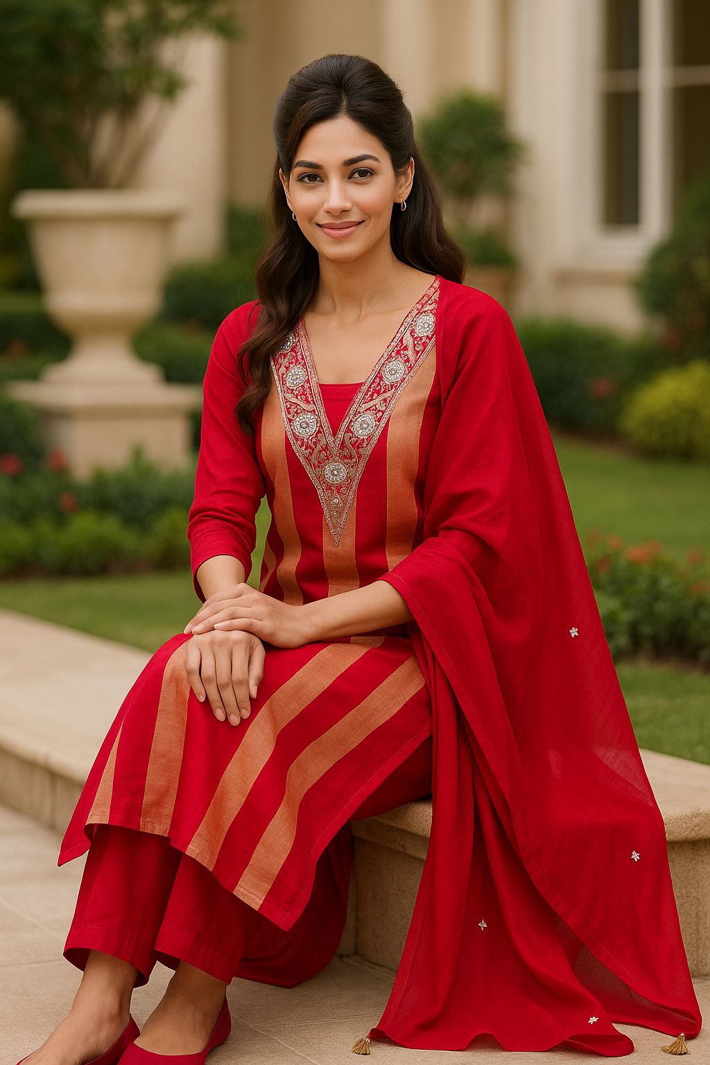 Beautiful V-Neck Hand Embroidered Shimmer Striped Full Suit Set With Dupatta- 10901 & 10902