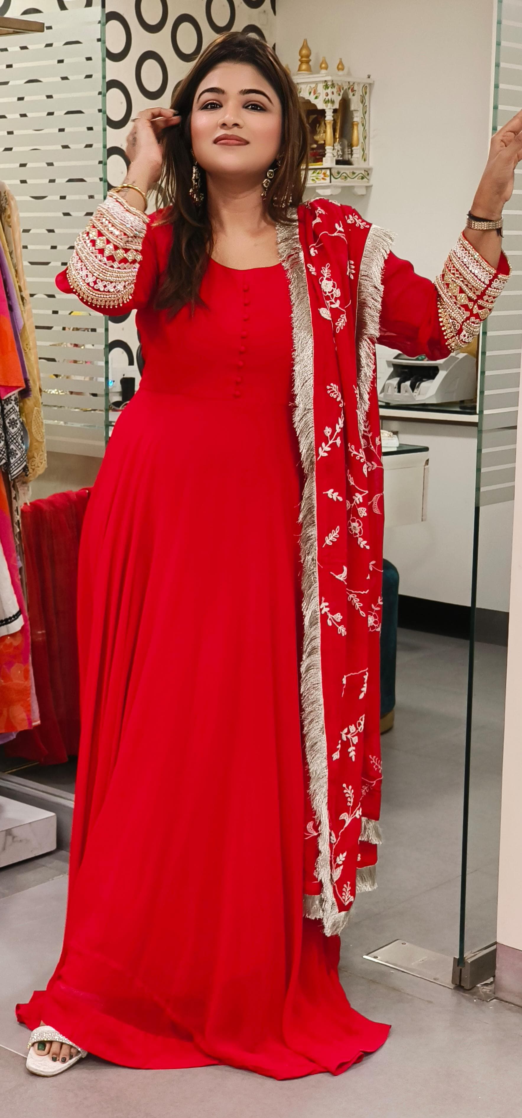Very Elegant Work Solid Flowy Panel Anarkali With Dupatta In Georgette Fabric