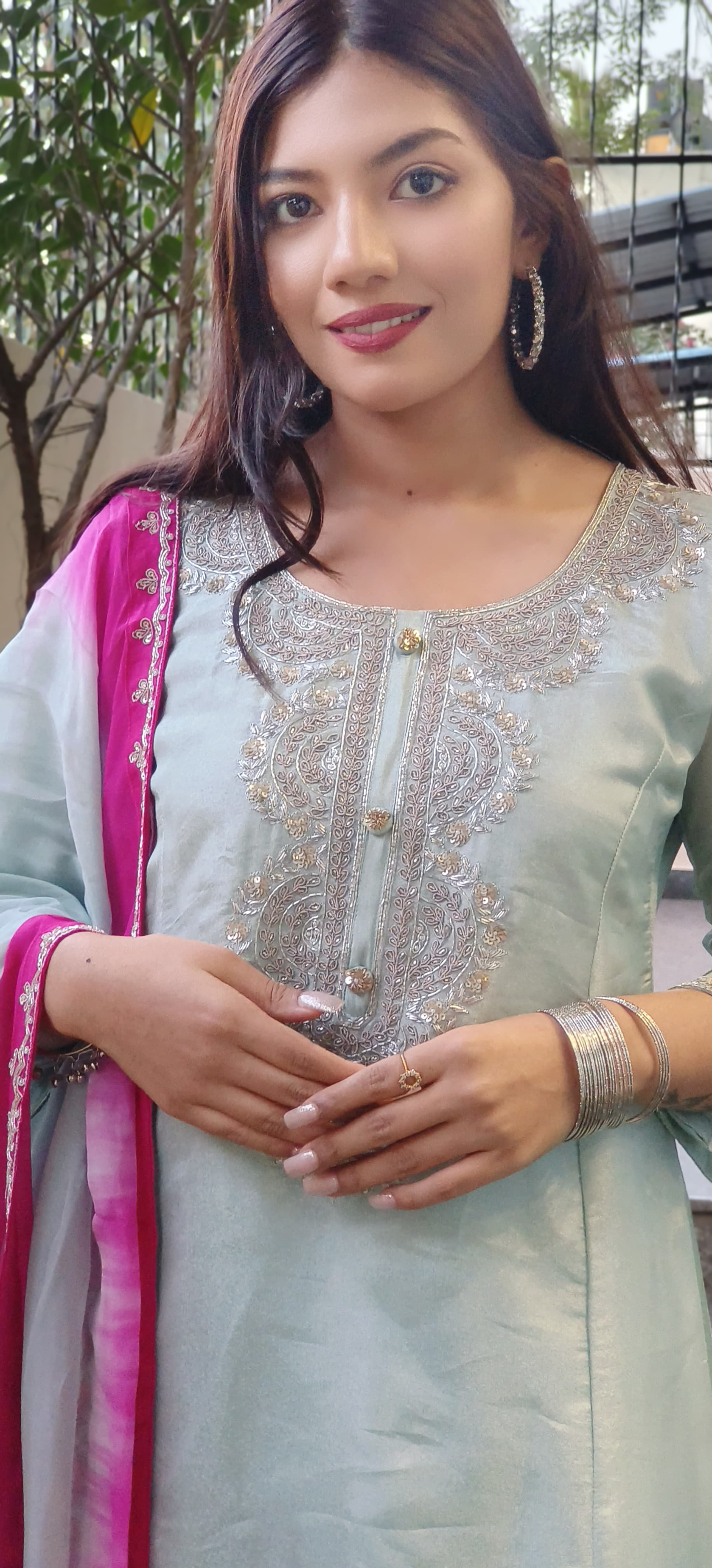 Designer Party Wear Shimmer Tissue High-Low Embroidered Kurta with Stylish Flared Bottom