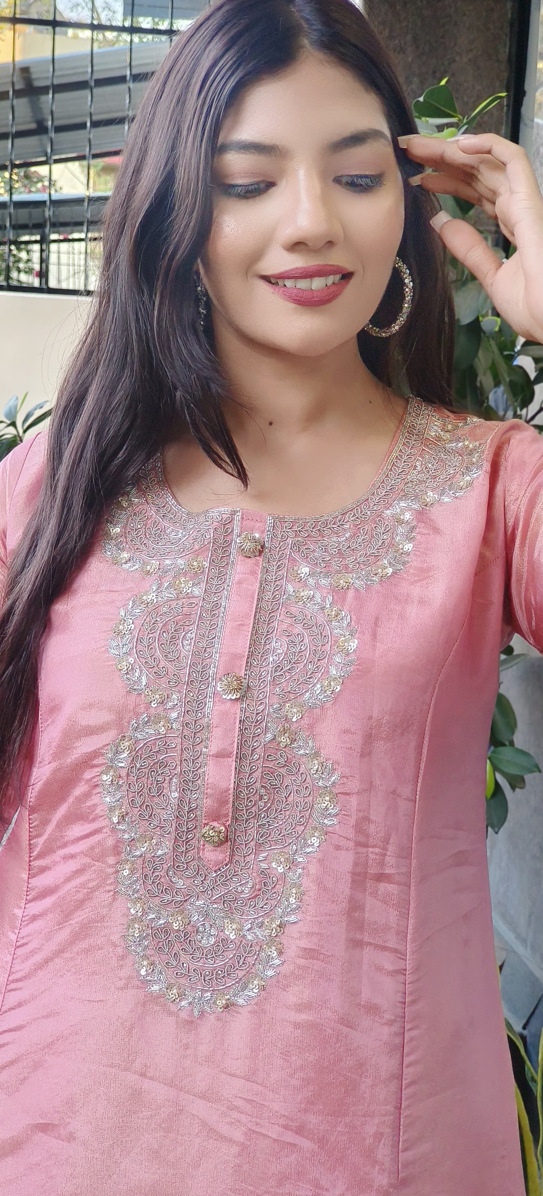 Designer Party Wear Shimmer Tissue High-Low Embroidered Kurta with Stylish Flared Bottom