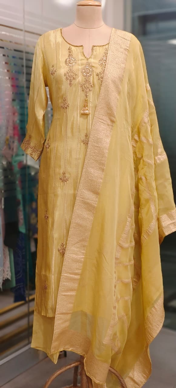 Very Suttle Placement Zari Work Full Suit Set With Dupatta In Tissue Fabric- 11358