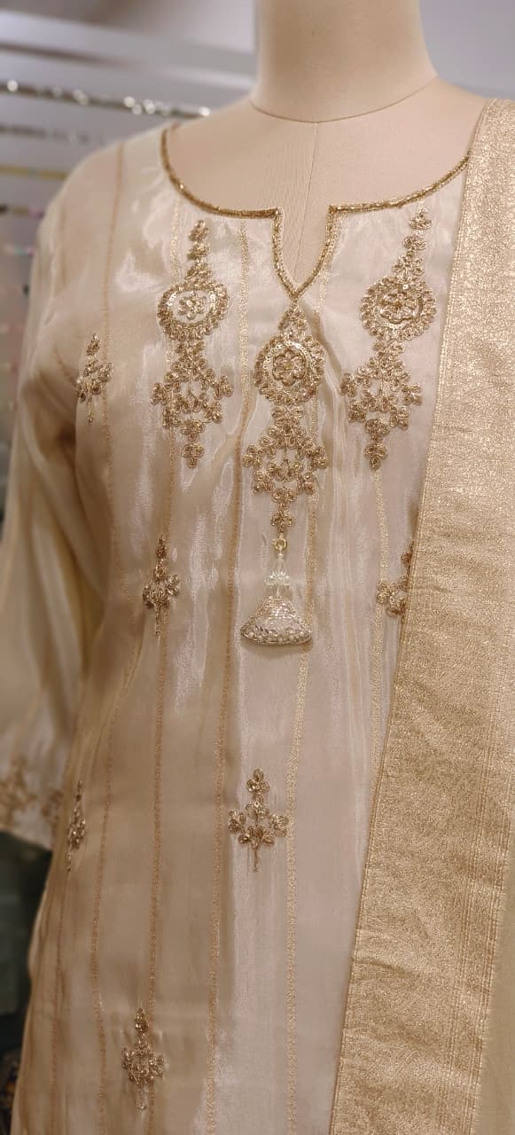 Very Suttle Placement Zari Work Full Suit Set With Dupatta In Tissue Fabric- 11358