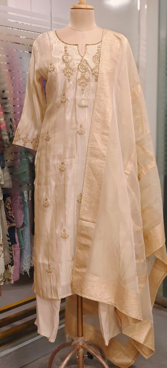 Very Suttle Placement Zari Work Full Suit Set With Dupatta In Tissue Fabric- 11358