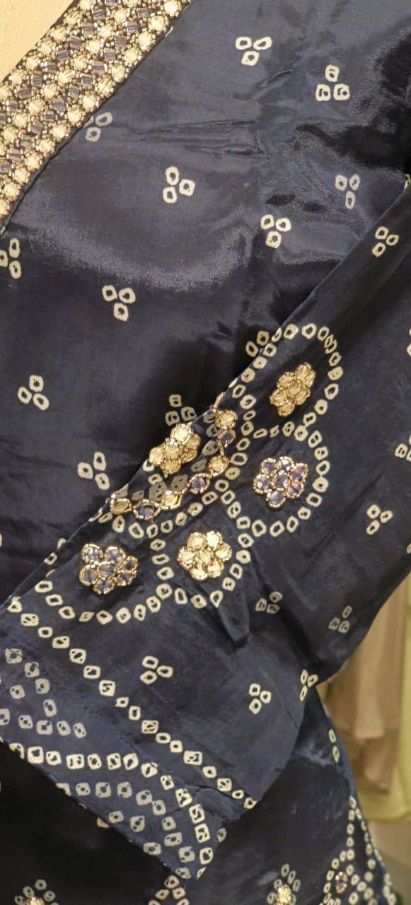 Foil & Thread Embroidered Unique Dotted V-Neck Full Suit Set With Dupatta & Loose Palazzo Bottom In Dola Silk Fabric- 11223