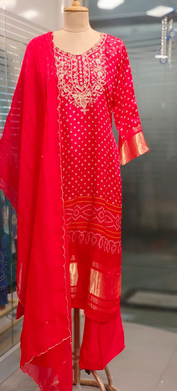 Gotta Front Neck Work Tiny Pearl Bandhani Dotted Full Suit Set With Dupatta- 11236