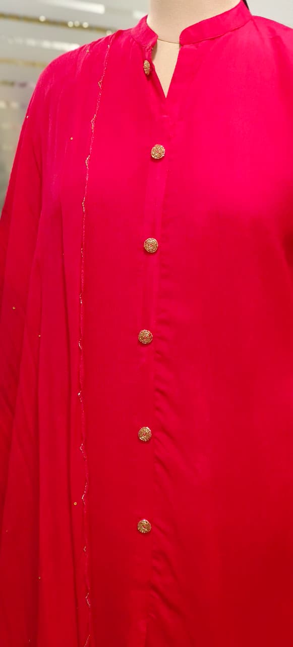 Radiant Blush Minimal Work Mandarin Collar Buttoned Full Suit Set With Dupatta- 11230