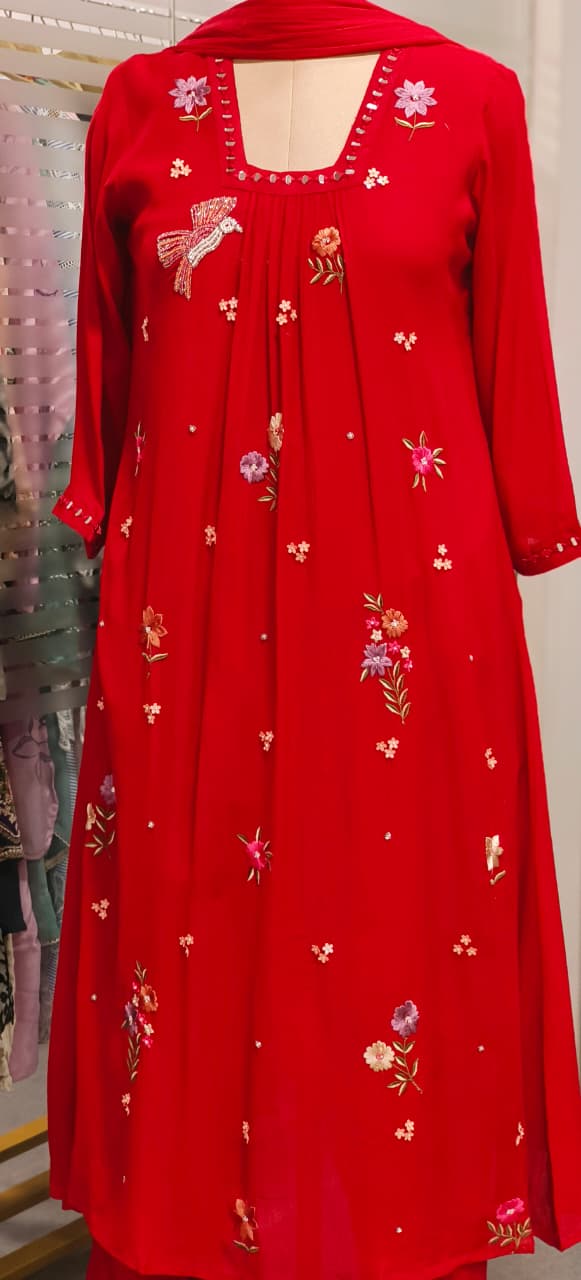 Pearl Bird & Floral Thread Embroidered A-Line Full Suit Set With Dupatta In Chinon Fabric- 11354