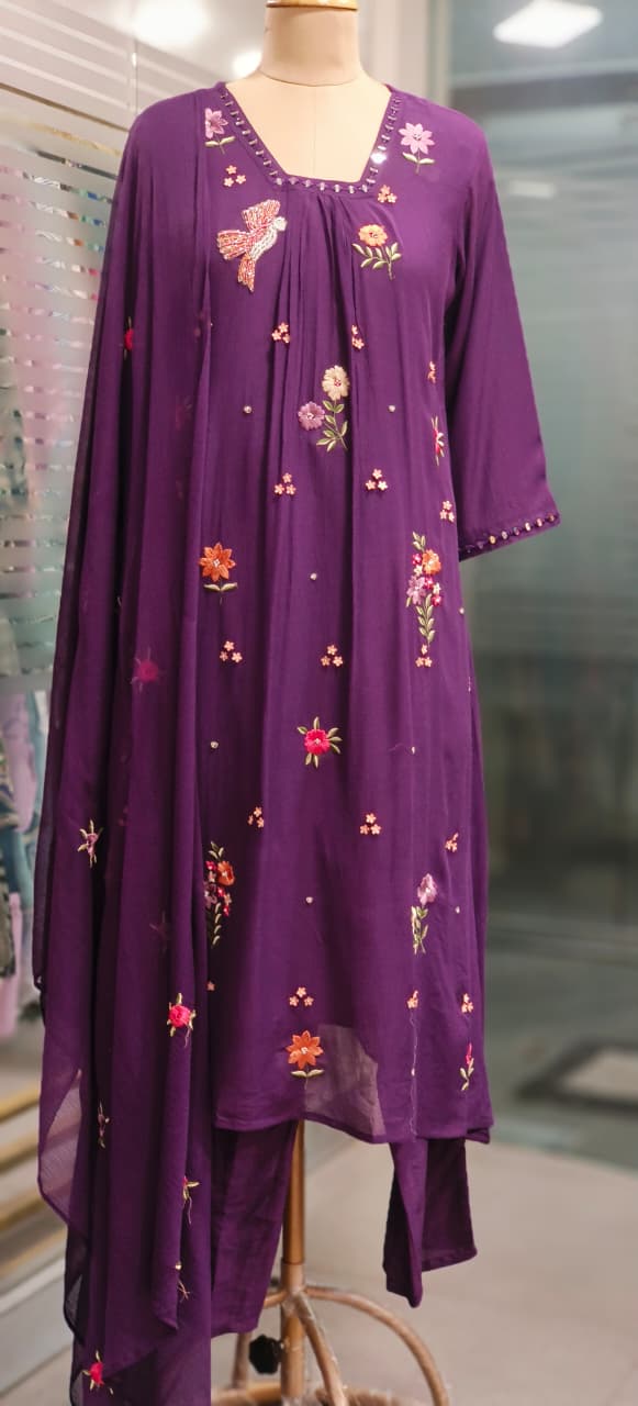 Pearl Bird & Floral Thread Embroidered A-Line Full Suit Set With Dupatta In Chinon Fabric- 11354