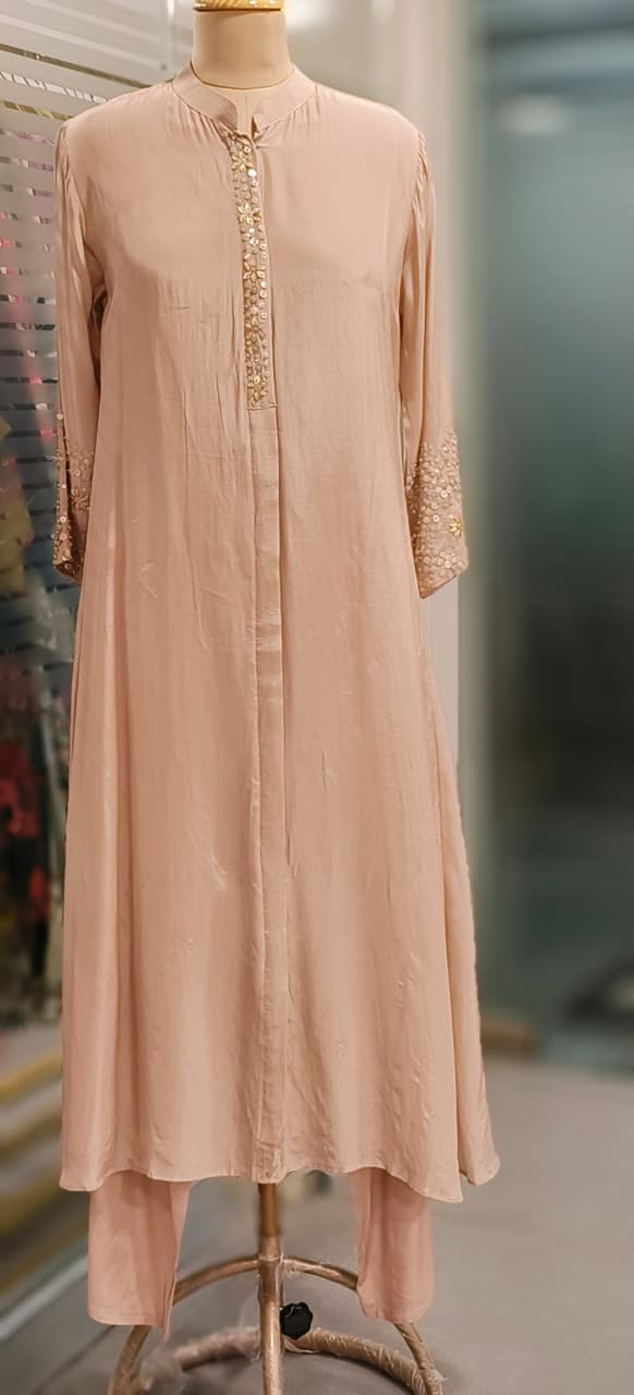 Half Rounded Foil Work Sleeve Decent Look Solid A-Line Long Kurta Pant Set