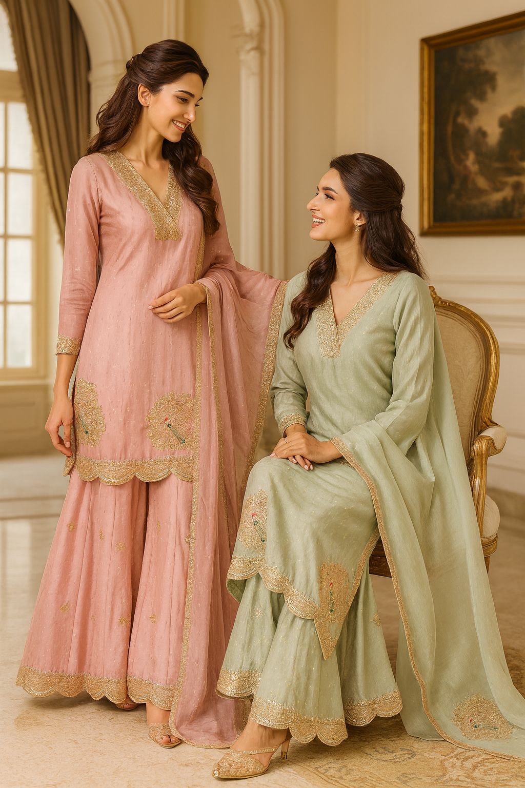 Pastel Elegance Banarasi Golden Touch Zardosi Sharara Full Suit Set With Dupatta- 11037, 11038