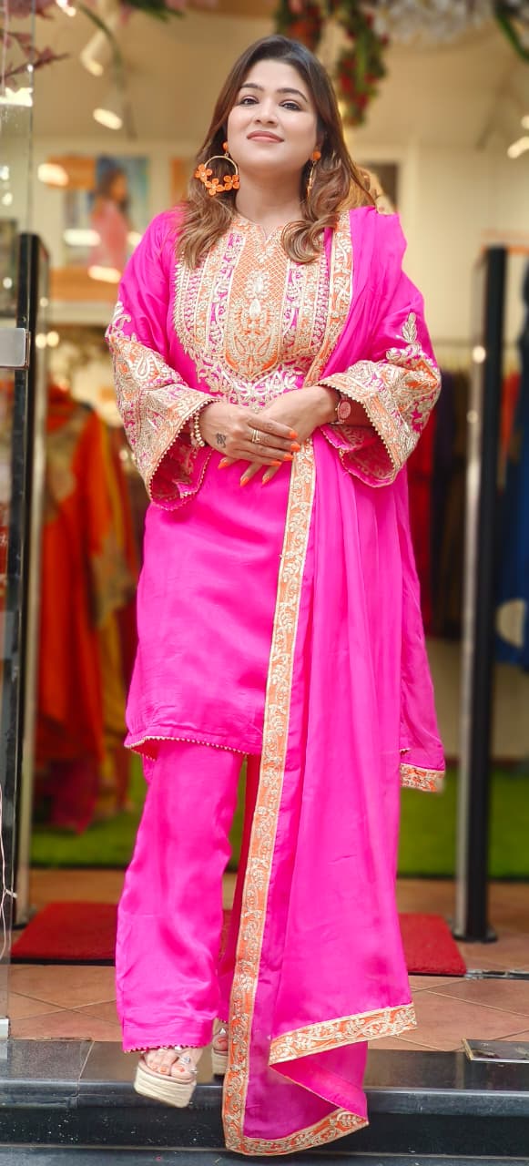 Beautiful Thread Embroidered Heavy Machine Work Short Length A-Line Full Suit Set With Dupatta
