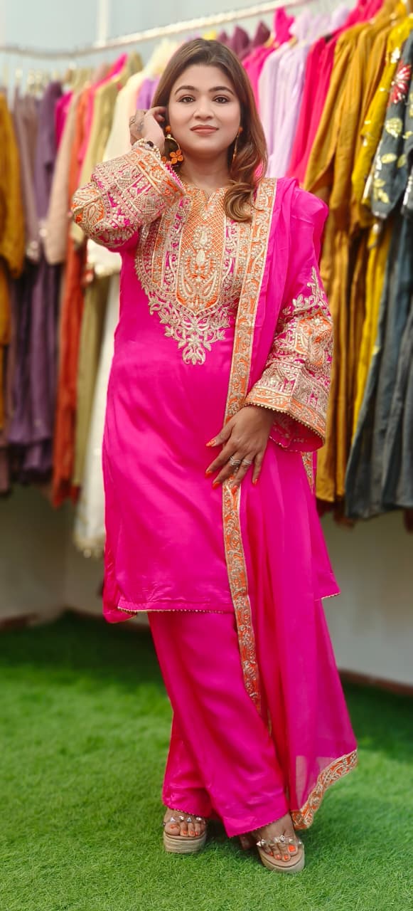 Beautiful Thread Embroidered Heavy Machine Work Short Length A-Line Full Suit Set With Dupatta