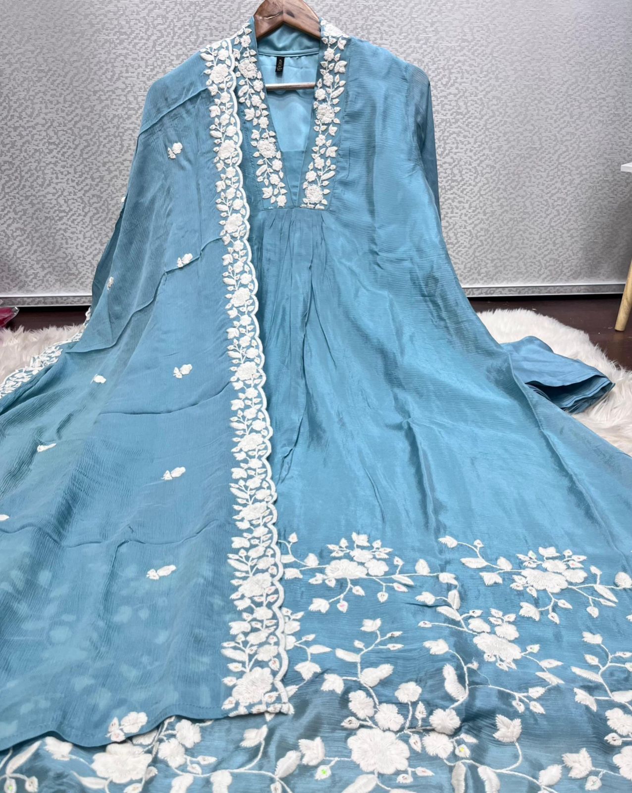 Floral Thread Embroidered Unique Neck A-Line Full Suit Set With Dupatta In Chinon Fabric- 11223