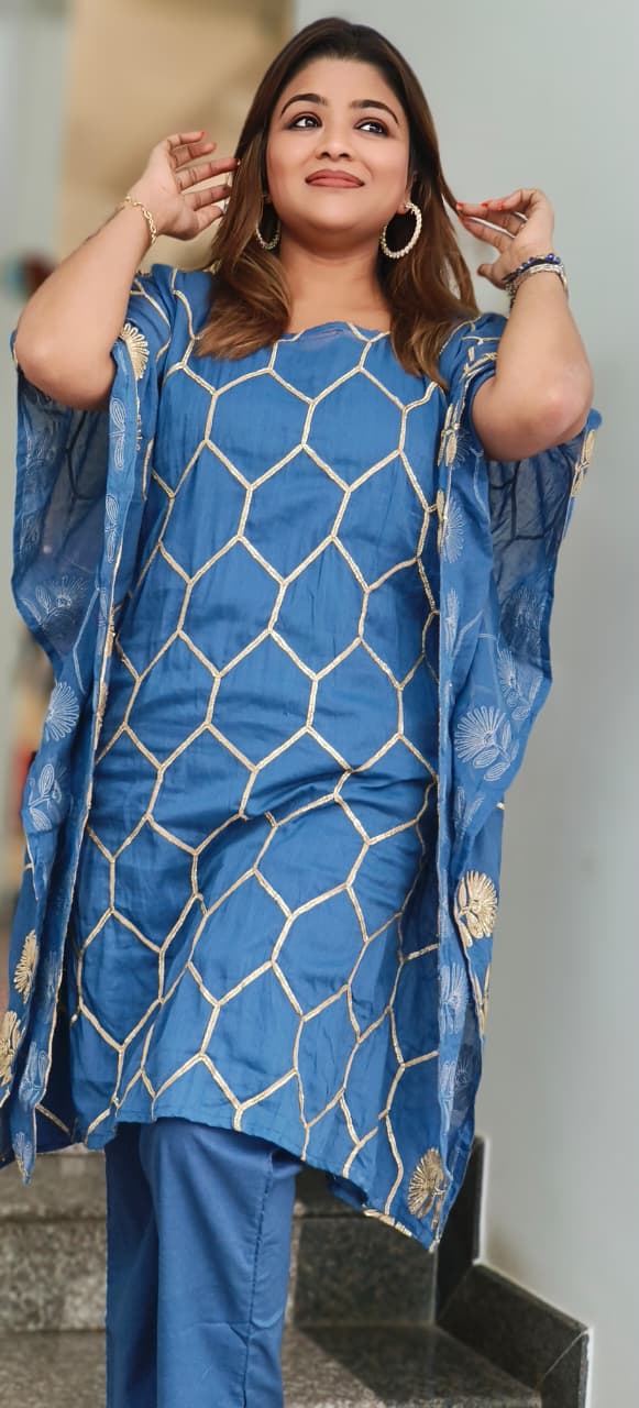 Golden Touch Hexagon Zari Embroidered Extract Kaftan With Inner & Bottom In Muslin Fabric-11419