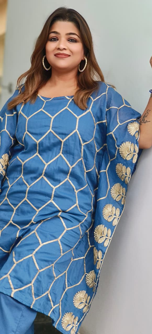 Golden Touch Hexagon Zari Embroidered Extract Kaftan With Inner & Bottom In Muslin Fabric-11419