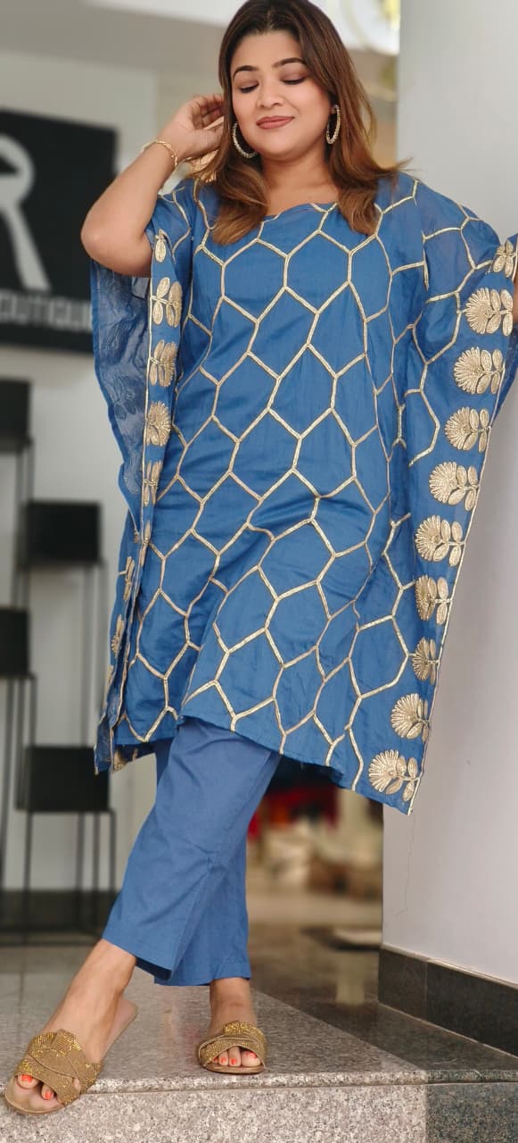 Golden Touch Hexagon Zari Embroidered Extract Kaftan With Inner & Bottom In Muslin Fabric-11419