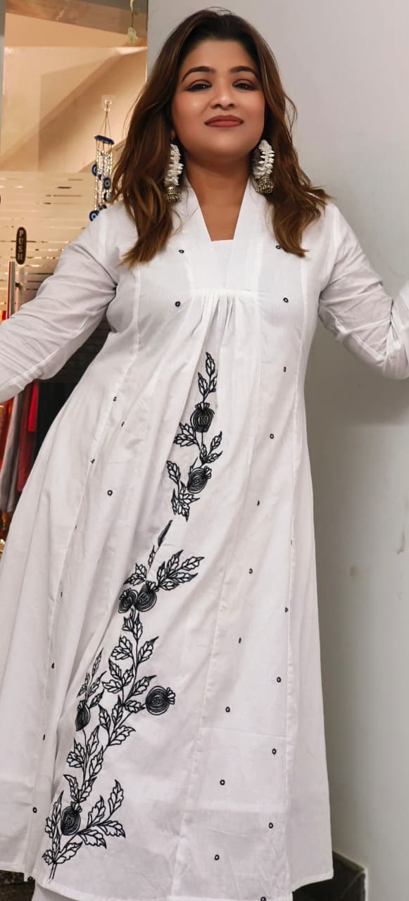 Beautiful Block Neck Embroidered Simple A-Line Kurta Pant Set In Cotton Fabric-11420
