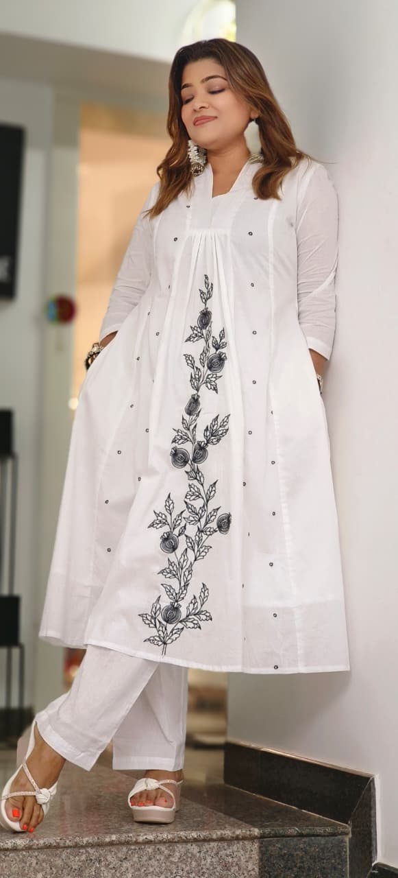Beautiful Block Neck Embroidered Simple A-Line Kurta Pant Set In Cotton Fabric-11420