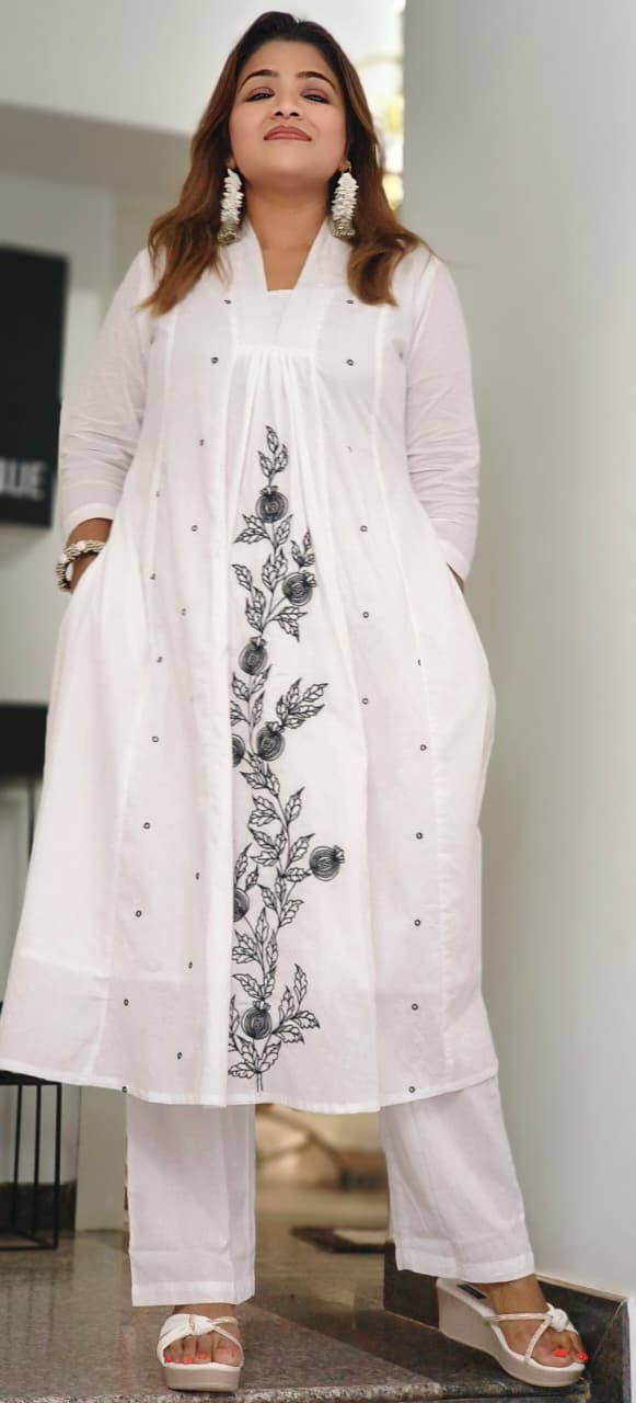 Beautiful Block Neck Embroidered Simple A-Line Kurta Pant Set In Cotton Fabric-11420