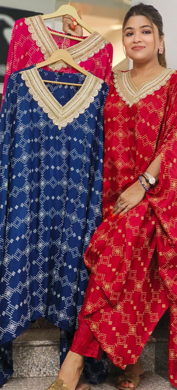 Zari V-Neck Polka Dotted Bright Kaftan Suit With Bottom In Muslin Fabric